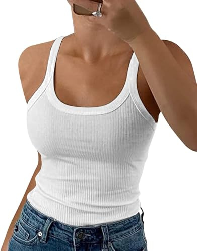 DUOEASE Debardeur Blanc Femme Col Rond Côtelés Basique 2025 Haut Blanc Femme Chic Extensible Blanc-L