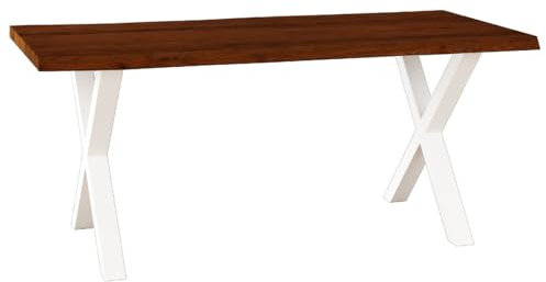 Liadomo Esstisch 220x100 Diala Nuss, Baumkantentisch, Baumkante, Akazie Massivholz Tisch, 35 mm Tischplatte lackiert, Robust & Pflegeleicht, Unikat, X-Gestell Metall weiß
