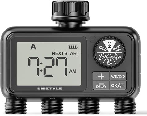 Unistyle Ordenador de riego de 4 salidas, reloj de riego automático, aspersor de césped, control de riego, sistema de riego para riego de jardín, temporizador de agua, riego de jardín