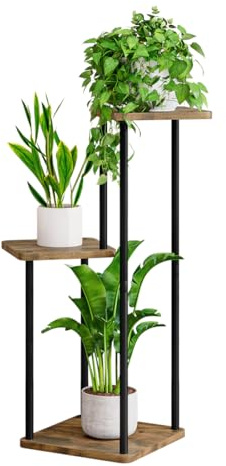 Dazioter Plant Stand Indoor 5 Tier Plant Shelf Metal for Multiple Plants Corner Tall Flower Holders for Patio Garden Living Room Balcony Bedroom, Black (3 Tier-Black+Rustic Brown)