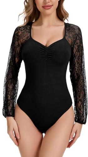 WOWENY Body Langarm Damen Elegant Sexy Spitze Sleeve Trachtenbody Damen Langarmbody Bodysuit Top Schwarz M