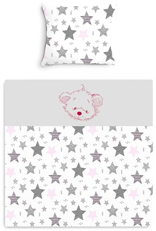 Amilian Baby Bettwäsche Set 2-teilig – 80x80 & 35x40 cm – Kinderwagen, Wiegen, Stubenwagen geeignet – Bettwäsche für Jungen und Mädchen – 100% Baumwolle - Sternschnuppe Rosa/BÄR