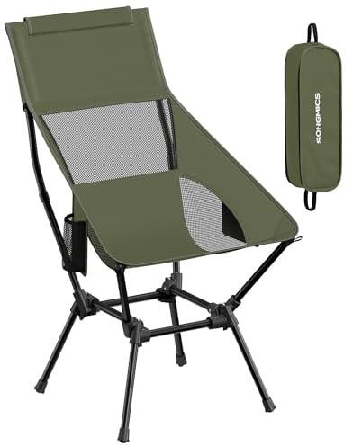 SONGMICS Campingstuhl, klappbar, höhenverstellbar, bis 150 kg belastbar | Strandstuhl hohe Rückenlehne, Gartenstuhl, Stahlgestell, 2 Seitentaschen, Kopfstütze, Grün, SANDY Kollektion GCB051CZ01