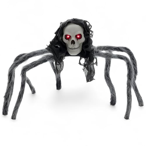 MIJOMA Halloween Deko Spinne mit Totenkopf - LED-Augen & biegbare Beine - große Dekofigur aus Kunstfell & Stoff - batteriebetrieben - Gruselspinne 80 cm für Innen & Außen