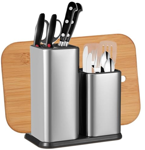 2 in 1Kitchen Knife Holder and Utensil Holder for Countertop, Stainless Steel Universal Knife Block Without Knives, Space Saver Kitchen Storage Block with Scissors Slot and Chopping Board Hold