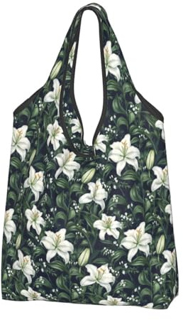 GVYGVY Bolsa grande para mujer, ligera, reutilizable, plegable, cómoda y elegante, con estampado de lirios para comestibles, bolsas de tela, trabajo, playa, viajes, con asas