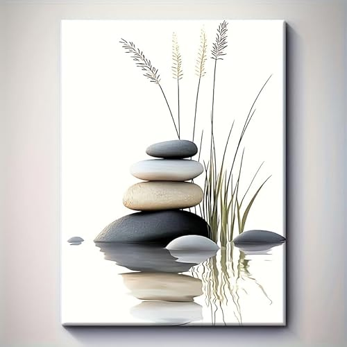PVPQPR Großes modernes abstraktes Wandbild für das Wohnzimmer,gestapelte Steine und Gräser,minimalistisches Naturgemälde zur Wanddekoration (30 x 40 cm (12 x 16 Zoll)/rahmenlos)