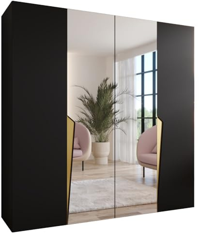MEBLE KRYSPOL - Kleiderschrank - Garderobenschrank - 200 cm x 202 x 52 cm - Schrank mit Kleiderstange und Spiegel, 4 Türen - für Schlafzimmer, Flur - Piano, Schwarz, Griff Gold