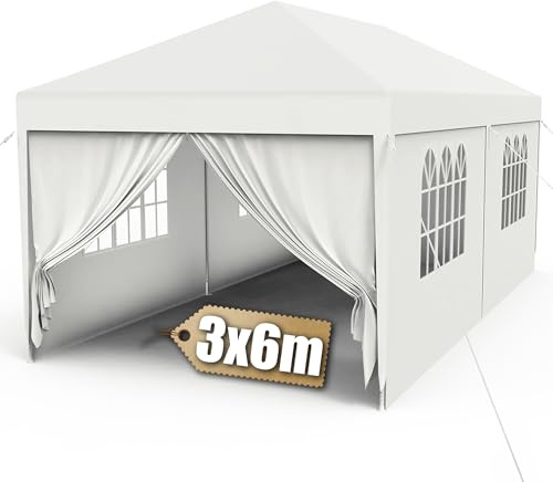 Suusolny 3x6m Pavillon Stabil Partyzelt Wasserdicht Winterfest Gartenpavillon mit Erdankern Pavillon mit Seitenwänden & Fenster Festzelt für Hochzeit Innenhof Weiß