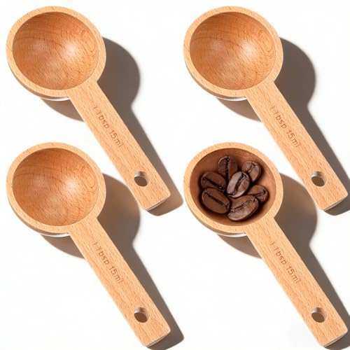 4 Pack Wooden Measuring Spoons 15ml 1 Tablespoon Measure Beech Wood Coffee Scoop Measuring Spoons Home Kitchen Accessories for Coffee Beans Ground Tea Spices Protein Powder and Bath Salt