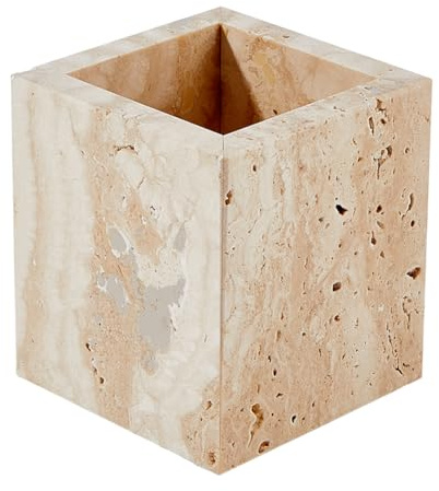 TNKBREEZE Natural Marble Toothbrush Holder Bathroom Organizer Stone Square Cup 8.9cm for Wide Makeup Brush Pen Pot Bathroom Vanity Countertop Organizer (Blanched Almond)