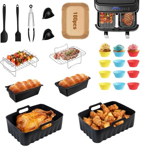 ERWEY 24PCS Accessoires Air Fryer, Moule Silicone Air Fryer Ninja 7,6L-9,5L | Plat pour Airfryer Réutilisable Panier, Moule Silicone Air Fryer pour Ninja Double Stack XL 9,5L SL400EU