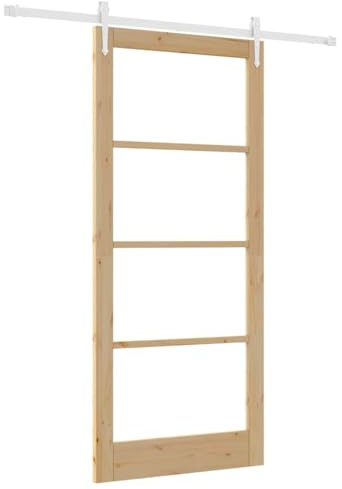 Porte coulissante naturelle en bois massif de pin et verre 93 x 211 cm pour intérieur avec système de glissement silencieux et design peu encombrant, idéale pour le salon et l'aménagement moderne