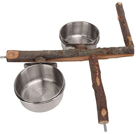 Asixxsix Perchoir à Oiseaux en Bois, Poteau en Bois de Pommier Naturel, Bols à Eau en Acier Inoxydable, Conception Détachable avec Gobelets d'alimentation Suspendus pour Perruche Calopsitte,
