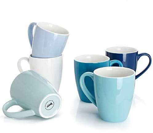 Sweese Porcelain Coffee Mugs - 16 Ounce - Set of 6, Cups for Latte, Hot Tea, Cappuccino, Mocha, Cocoa, Multicolor, Blue Assorted Colors