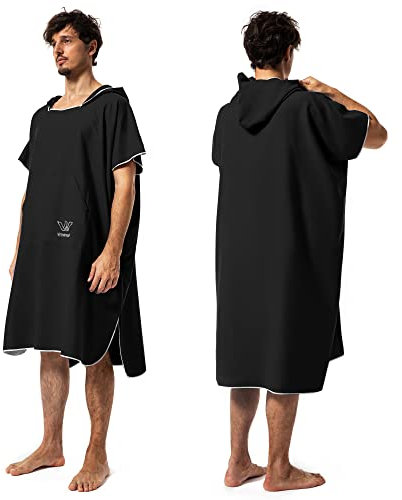 Winthome Badeponcho, Mikrofaser Poncho Handtuch Schnelltrocknend Bademantel Kompakt Leicht Umziehhilfe Strand für Schwimmen Wassersport (Schwarz, M)