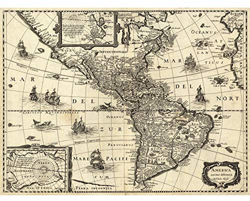 Map Hondius 17th Century America Continents Extra Large XL Wall Art Poster Print Karte Amerika Wand Poster drucken