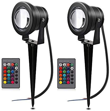 Ygapuzi 10W Lumières de paysage LED à couleurs changeantes Télécommande 12V Spots basse tension pour allée, cour, pelouse, patio, piscine, jardin, avec piquets, lot de 2 (Multicolore)