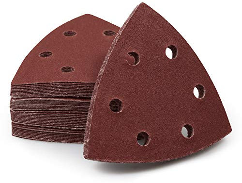 SPEEDWOX 50 Pcs Triangle Sanding Pads Hook and Loop 240 Grit Oscillating Sanding Pad 90mm 6 Holes Fit 3-1/2 Inches Oscillating Multi Tool Detail Sander Sandpaper Triangle Sanding Discs Sanding Tool