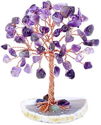 JOVIVI Amethyst Healing Crystal, Mini Purple Gemstone Tree of Life Ornaments Feng Shui Money Tree Figurines, Agate Slice Geode Quartz Stone Stand for Home Office Decor
