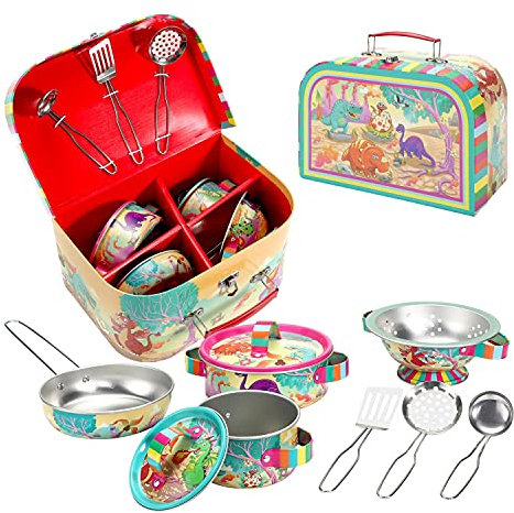 SOKA Dinosaur Metal Kids Kitchen Set with Carry Case - 10 Pcs Illustrated Colourful Design Pretend Role Play Toy Pots and Pans Set Toy Kitchen Accessories for Children Boys Girls