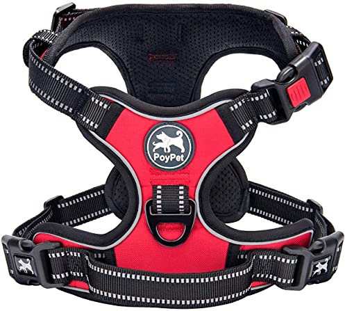 PoyPet Keine Pull Hundegeschirr Front Reflektierende Pet Weste für Hunde mit Einfache Kontrolle Griff und Rückseite perfekt für den täglichen Training, Walken, Running(Rot,L)