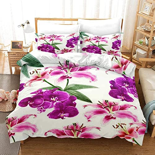 LUYAPOND Copripiumino Una Piazza e Mezza Orchidea, Set di Biancheria da Letto in Microfibra, 1 Copri Piumino 200x200 cm + 2 Federe 50x80 cm