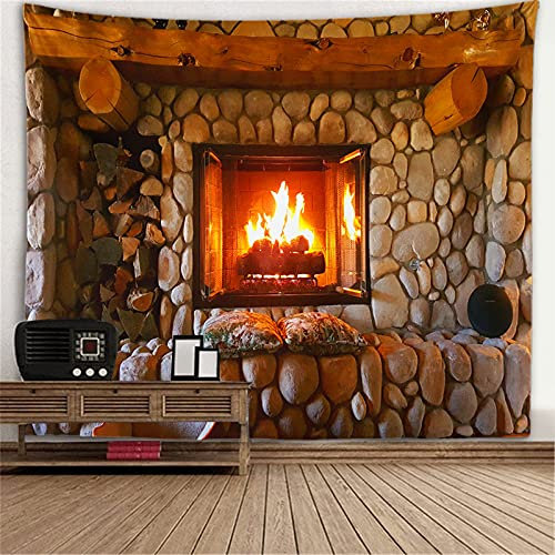 qbodp Wandteppich Aus Stein,Kamin,Flamme,Wandteppich Für Schlafzimmer,Wohnzimmer,Ästhetische Wohnkultur,Hängender Stoff,Altmodischer Kamin-Wandteppich,91 x 71 in(230x180cm)