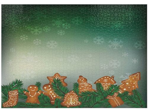 ABAKUHAUS Gingerbread Man Jigsaw Puzzle, Christmas Background with Xmas Cookies Snowflakes and Fir Branches, Heirloom-Quality Fun Activity for Family Durable Cardboard, 1000 pcs, Green Pale Brown