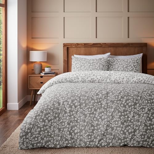 Catherine Lansfield Brushed Grace Floral Leaf Cotton Reversible King Duvet Cover Set with Pillowcases Grey