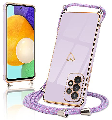 Micoden Handykette kompatibel mit Samsung Galaxy A52/A52 5G, Samsung A52s 5G Ultra dünn Kameraschutz Herz Love Design Galvanik TPU Silikon Bumper Kordel zum Umhängen Handyhülle mit Band,Lila