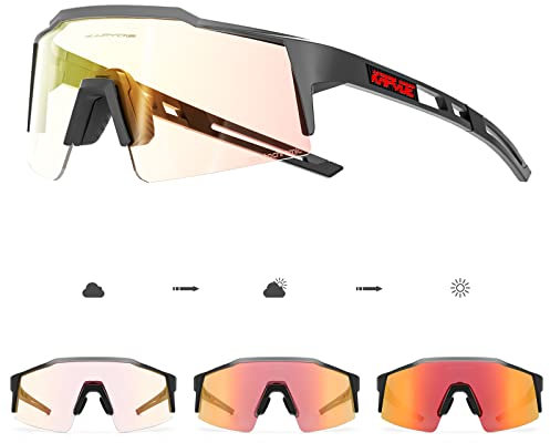 KAPVOE Photochromatische Selbsttönend Fahrradbrille TR90 Rahmen für Herren Damen Klar Sportsonnenbrille Sport Radfahren MTB Radbrille Fahren Sportbrille Baseball Laufen Rot Schwarz 08