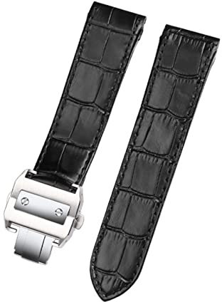 SKM Uhrenarmband aus echtem Leder für Cartier Santos 100 Leder 20 mm 23 mm Armband (Farbe: Schwarz-Silber, Gr??e: 20 mm)