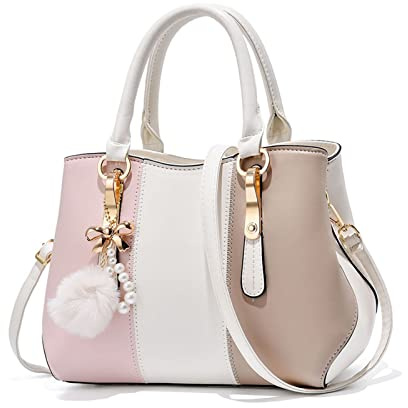 NICOLE & DORIS Damen Handtasche Elegante Schultertasche Mehrfarbige Tote Tasche Shopper Henkeltasche Mittelgroß Handtaschen PU Leder Frauen Umhängetasche mit Pompom Anhänger Weiß