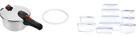 Amazon Basics Olla A Presión de Acero Inoxidable - Apta para inducción - 4 Litros & Recipientes de cristal para alimentos, con cierre 20 piezas (10 envases + 10 tapas), sin BPA