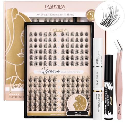 LASHVIEW DIY Lash Extension Kit, 144 Pcs Lash Clusters with Lash Bond and Seal, Mascara Brush Cluster Lash Glue Remover, Lash Applicator and Travel Eyelash Curler for DIY Eyelashes
