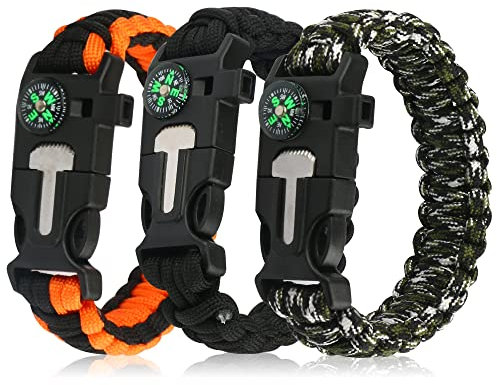KINPLE Paracord Bracelet (3 Pack) Kit Outdoor Survival Armband Camping Wandern Gear,Multitools, Kompass und Pfeife