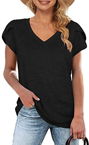 WNEEDU Camiseta Mujer Manga Corta de Pétalo Top Cuello en V Casual Blusas Básico Camisa Negro L