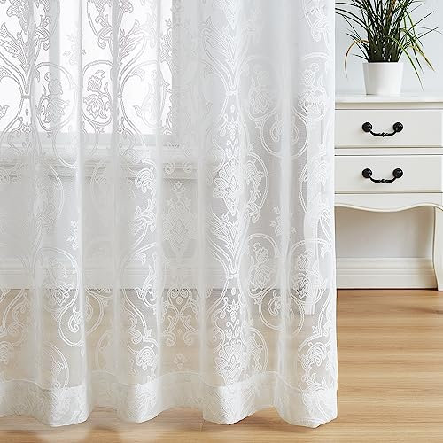 Treatmentex Transparente Spitzen-Vorhänge, Vintage-Damast, gestrickt, europäischer Blumendamast, weiß, durchsichtige Vorhänge für Wohnzimmer, 137.2x241.3 cm (BxL), 2 Paneele mit Stangentasche