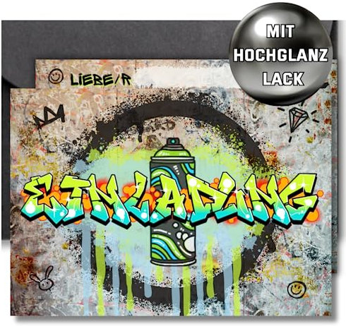 12x EINLADUNGSKARTEN + schwarze Umschläge mit buntem Wand Graffiti Design in Hochglanzoptik für coole Mädchen & Jungen Geburtstagsparty