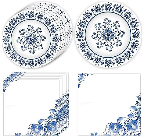Topfunyy Floral Blue & White Flower Party Tableware Decorations, 20 Pcs Plates and 20 Pcs Napkins, Disposal Tableware for Birthday Party Baby Shower Wedding Party Supplies