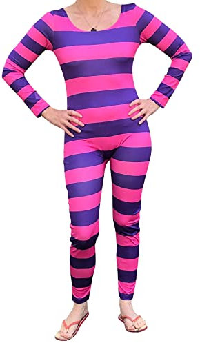 PDYLZWZY Costume da donna Cheshire Cat Halloween rosa viola a righe manica lunga tuta Cosplay vestito sexy Cheshire Cat Body Costume, rosa viola., XL