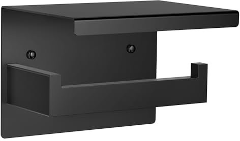 Auxmir Portarrollos Papel Higienico, Portarrollos Baño Adhesivo, Acero Inoxidable, Porta Rollos de Papel Higienico con Estante de Almacenamiento, Soporte Papel Higienico para Cocina, Baño, Negro