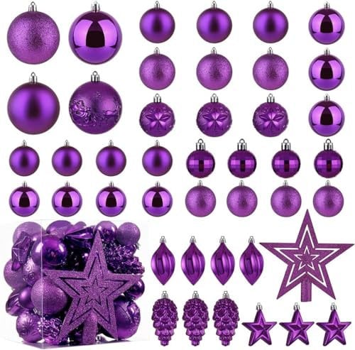 Christmas Ball Baubles Decoration Tree Ornaments including Balls Stars and a Tree topper Shatterproof Xmas Hanging 43 Pieces Set Home Office Outdoor indoor (Purple)