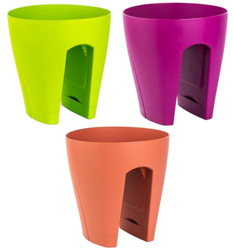 ENGELLAND 3 x Blumentopf für Balkon-Geländer, Farbmix: Grün, Lila, Rotbraun, Blumenkasten, Balkonkiste, 9 Liter, Kunststoff, Außenbereich, B Ø 29 x H 30 cm