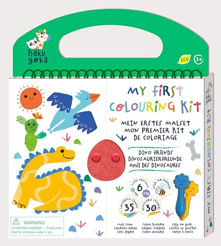 Haku Yoka 6303070 Mein erstes Wachsmal-Set, Dino, Ausmalbuch mit 6 Wachsmalstiften, 35 Seiten zum Ausmalen inkl. 30 Sticker, Wachsmalkreiden für Kinder ab 3 Jahren, grün