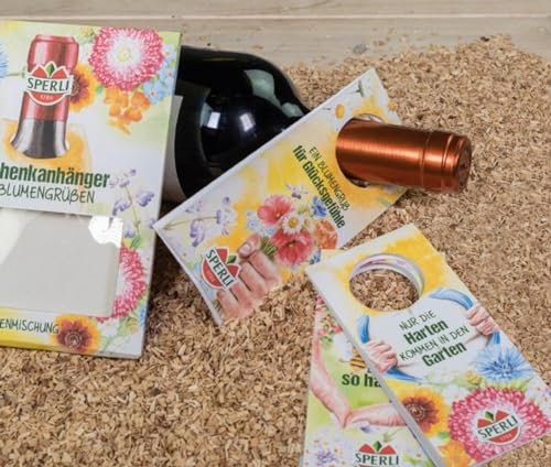 Sperli Saatgut Geschenkanhänger, 3 Stk, Blumenmischung-Samen, Ideal als Wein Flaschenetiketten & Dankeschön Karte, Postkarte, Garten Geschenk, Bunte Blütenpracht, Flaschenanhänger