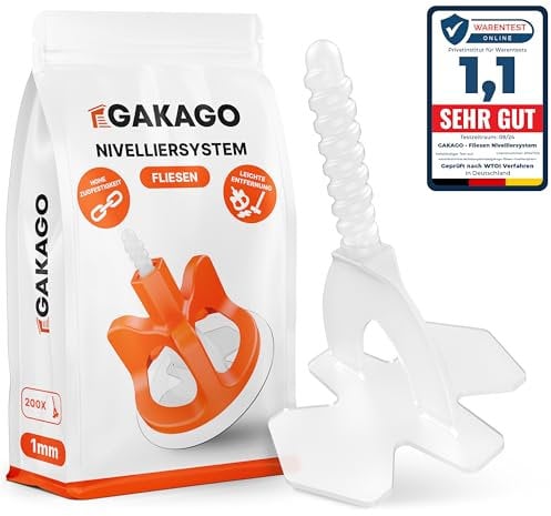 Gakago Fliesen Nivelliersystem 200 Gewindelaschen 1mm - Verlegehilfe für ein perfektes Fugenbild - Überlegene Reichweite für Fliesenstärken 3-18mm - Fliesenschutz durch Schon-Unterlegscheiben