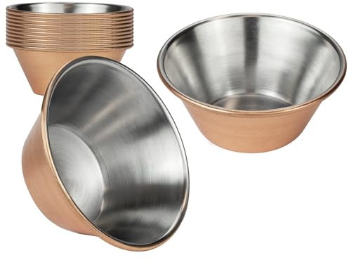 Fit Meal Prep [12 Pack 1.5 oz Stainless Steel Sauce Cups - Copper Plated Individual Round Condiments Ramekins, Commercial Grade Safe/Portion Dipping Sauce Kitchen Set