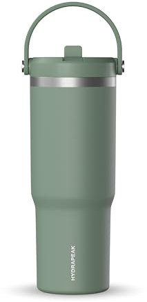 Hydrapeak Nomad - Bicchiere con manico e coperchio con cannuccia, a prova di perdite, doppio isolamento, tazza da 907 ml, in acciaio inox, foglia di salvia